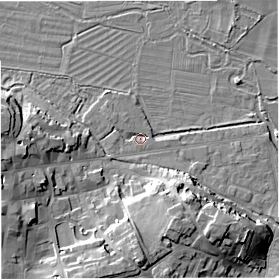 Shaded relief map of the ground around DT11NF, computed from Environment Agency LiDAR. The ground here sits at about 54 m above sea level and falls 16 m across the surrounding 800 m. Surface water reaching this point runs off ground lying to the west, 6.5 m higher.