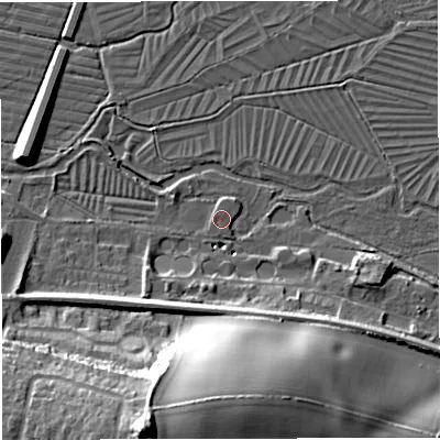 Shaded relief map of the ground around DT11PE, computed from Environment Agency LiDAR. The ground here sits at about 52 m above sea level and falls 36 m across the surrounding 800 m. Surface water reaching this point runs off ground lying to the south-west, 9.1 m higher.