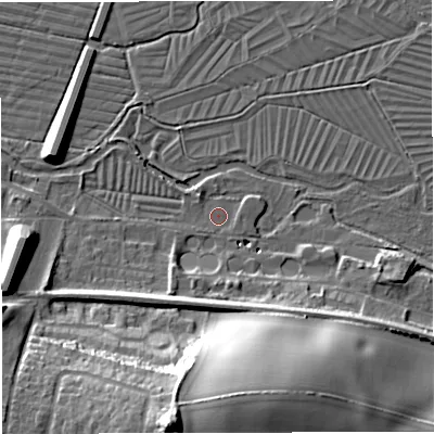 Shaded relief map of the ground around DT11PH, computed from Environment Agency LiDAR. The ground here sits at about 51 m above sea level and falls 36 m across the surrounding 800 m. Surface water reaching this point runs off ground lying to the south-south-west, 9.1 m higher.