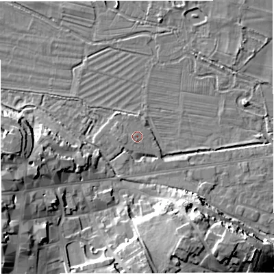 Shaded relief map of the ground around DT11PL, computed from Environment Agency LiDAR. The ground here sits at about 55 m above sea level and falls 18 m across the surrounding 800 m. Surface water reaching this point runs off ground lying to the west, 0.7 m higher.