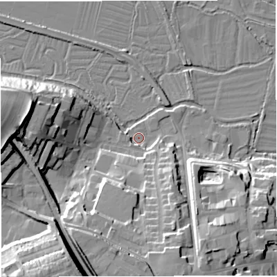 Shaded relief map of the ground around DT11SS, computed from Environment Agency LiDAR. The ground here sits at about 58 m above sea level and falls 35 m across the surrounding 800 m. Surface water reaching this point runs off ground lying to the south-south-east, 20.9 m higher.