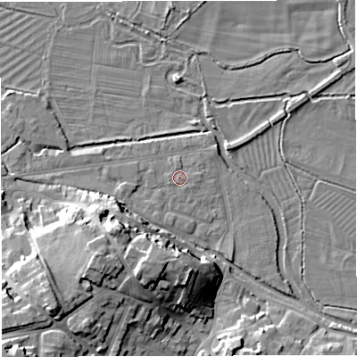 Shaded relief map of the ground around DT11SX, computed from Environment Agency LiDAR. The ground here sits at about 54 m above sea level and falls 17 m across the surrounding 800 m. Surface water reaching this point runs off ground lying to the south-south-west, 0.6 m higher.