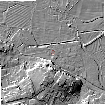 Shaded relief map of the ground around DT11WY, computed from Environment Agency LiDAR. The ground here sits at about 54 m above sea level and falls 16 m across the surrounding 800 m. Surface water reaching this point runs off ground lying to the south-south-west, 13.6 m higher.