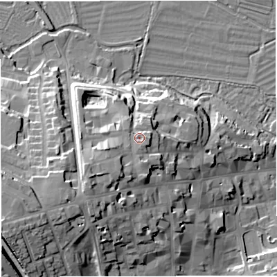 Shaded relief map of the ground around DT11XE, computed from Environment Agency LiDAR. The ground here sits at about 73 m above sea level and falls 29 m across the surrounding 800 m. Surface water reaching this point runs off ground lying to the south-west, 5.9 m higher.
