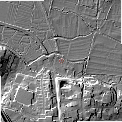 Shaded relief map of the ground around DT11XU, computed from Environment Agency LiDAR. The ground here sits at about 57 m above sea level and falls 32 m across the surrounding 800 m. Surface water reaching this point runs off ground lying to the south, 20.0 m higher.
