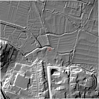 Shaded relief map of the ground around DT11XW, computed from Environment Agency LiDAR. The ground here sits at about 58 m above sea level and falls 29 m across the surrounding 800 m. Surface water reaching this point runs off ground lying to the south-west, 25.1 m higher.