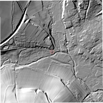 Shaded relief map of the ground around DT20AH, computed from Environment Agency LiDAR. The ground here sits at about 94 m above sea level and falls 41 m across the surrounding 800 m. Surface water reaching this point runs off ground lying to the north-west, 14.6 m higher.