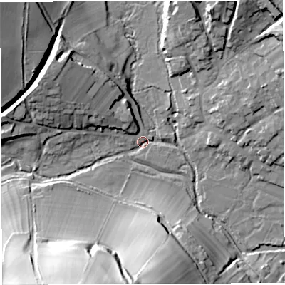 Shaded relief map of the ground around DT20AJ, computed from Environment Agency LiDAR. The ground here sits at about 93 m above sea level and falls 42 m across the surrounding 800 m. Surface water reaching this point runs off ground lying to the south-west, 38.2 m higher.