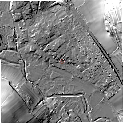 Shaded relief map of the ground around DT20BA, computed from Environment Agency LiDAR. The ground here sits at about 93 m above sea level and falls 70 m across the surrounding 800 m. Surface water reaching this point runs off ground lying to the east-north-east, 16.4 m higher.