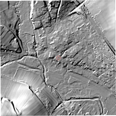 Shaded relief map of the ground around DT20BD, computed from Environment Agency LiDAR. The ground here sits at about 96 m above sea level and falls 44 m across the surrounding 800 m. Surface water reaching this point runs off ground lying to the north-east, 27.3 m higher.