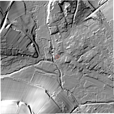 Shaded relief map of the ground around DT20BG, computed from Environment Agency LiDAR. The ground here sits at about 93 m above sea level and falls 39 m across the surrounding 800 m. Surface water reaching this point runs off ground lying to the east-north-east, 6.1 m higher.