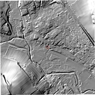 Shaded relief map of the ground around DT20BS, computed from Environment Agency LiDAR. The ground here sits at about 93 m above sea level and falls 50 m across the surrounding 800 m. Surface water reaching this point runs off ground lying to the north-east, 45.1 m higher.