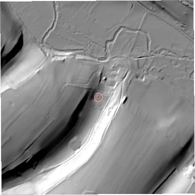 Shaded relief map of the ground around DT20BZ, computed from Environment Agency LiDAR. The ground here sits at about 96 m above sea level and falls 62 m across the surrounding 800 m. Surface water reaching this point runs off ground lying to the south, 49.9 m higher.