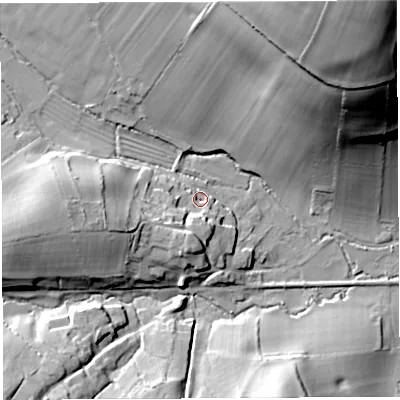 Shaded relief map of the ground around DT20DG, computed from Environment Agency LiDAR. The ground here sits at about 112 m above sea level and falls 76 m across the surrounding 800 m. Surface water reaching this point runs off ground lying to the west-south-west, 12.3 m higher.