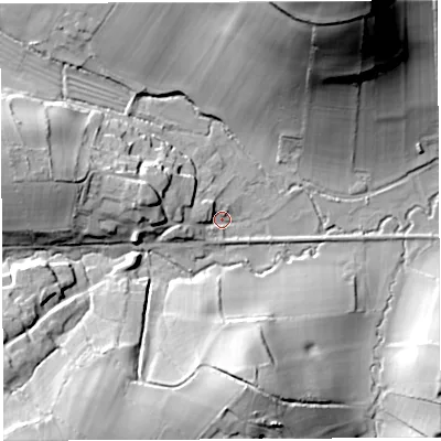Shaded relief map of the ground around DT20DH, computed from Environment Agency LiDAR. The ground here sits at about 110 m above sea level and falls 59 m across the surrounding 800 m. Surface water reaching this point runs off ground lying to the west-north-west, 7.7 m higher.