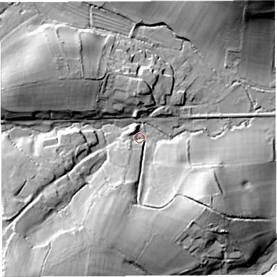 Shaded relief map of the ground around DT20DJ, computed from Environment Agency LiDAR. The ground here sits at about 113 m above sea level and falls 36 m across the surrounding 800 m. Surface water reaching this point runs off ground lying to the south-east, 25.2 m higher.
