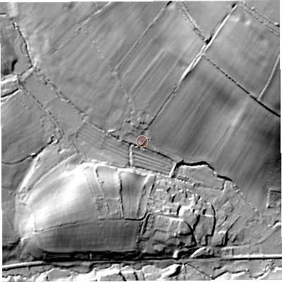 Shaded relief map of the ground around DT20DQ, computed from Environment Agency LiDAR. The ground here sits at about 115 m above sea level and falls 81 m across the surrounding 800 m. Surface water reaching this point runs off ground lying to the north-east, 74.5 m higher.