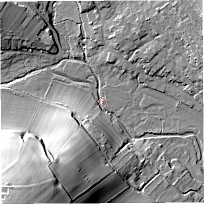 Shaded relief map of the ground around DT20DX, computed from Environment Agency LiDAR. The ground here sits at about 92 m above sea level and falls 60 m across the surrounding 800 m. Surface water reaching this point runs off ground lying to the south-west, 58.7 m higher.