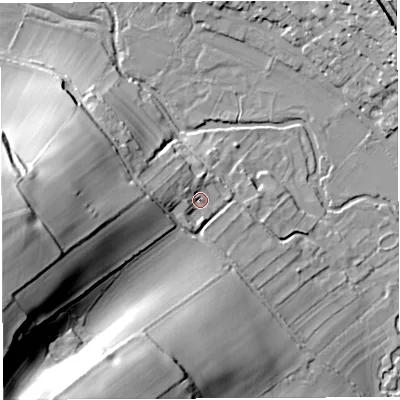 Shaded relief map of the ground around DT20DY, computed from Environment Agency LiDAR. The ground here sits at about 97 m above sea level and falls 58 m across the surrounding 800 m. Surface water reaching this point runs off ground lying to the west-south-west, 49.5 m higher.