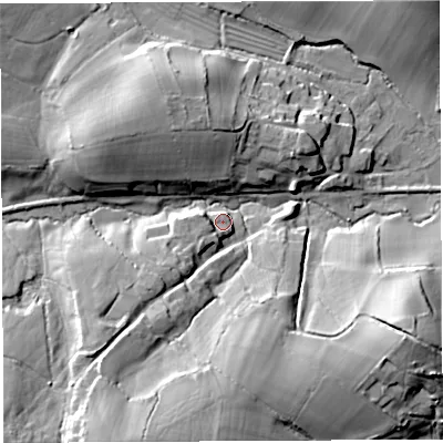 Shaded relief map of the ground around DT20FA, computed from Environment Agency LiDAR. The ground here sits at about 115 m above sea level and falls 32 m across the surrounding 800 m. Surface water reaching this point runs off ground lying to the south-south-west, 28.4 m higher.