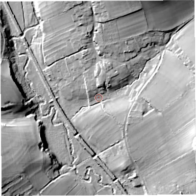 Shaded relief map of the ground around DT20FD, computed from Environment Agency LiDAR. The ground here sits at about 107 m above sea level and falls 30 m across the surrounding 800 m. Surface water reaching this point runs off ground lying to the north-north-east, 24.2 m higher.
