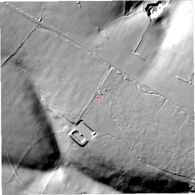 Shaded relief map of the ground around DT20HX, computed from Environment Agency LiDAR. The ground here sits at about 228 m above sea level and falls 48 m across the surrounding 800 m. Surface water reaching this point runs off ground lying to the north-north-east, 1.0 m higher.