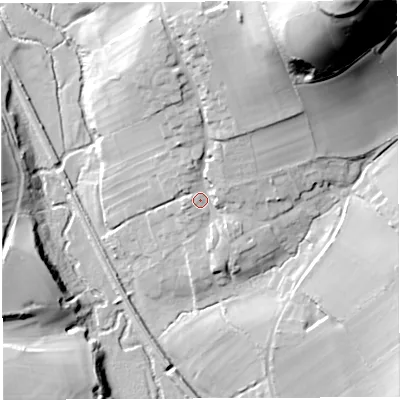 Shaded relief map of the ground around DT20JD, computed from Environment Agency LiDAR. The ground here sits at about 112 m above sea level and falls 79 m across the surrounding 800 m. Surface water reaching this point runs off ground lying to the north-north-east, 62.8 m higher.