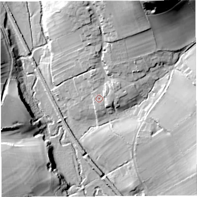 Shaded relief map of the ground around DT20JG, computed from Environment Agency LiDAR. The ground here sits at about 110 m above sea level and falls 55 m across the surrounding 800 m. Surface water reaching this point runs off ground lying to the east-north-east, 4.0 m higher.