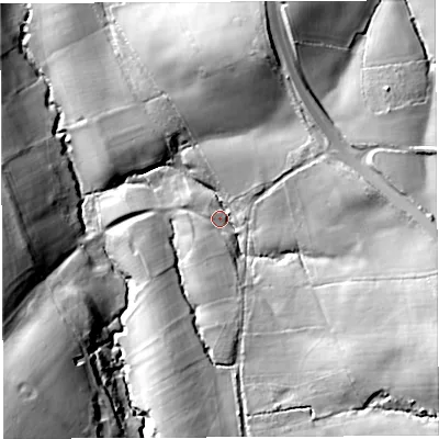 Shaded relief map of the ground around DT20LW, computed from Environment Agency LiDAR. The ground here sits at about 102 m above sea level and falls 50 m across the surrounding 800 m. Surface water reaching this point runs off ground lying to the east-south-east, 36.7 m higher.