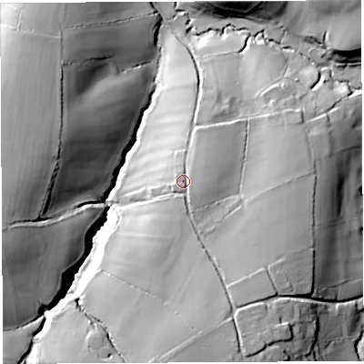 Shaded relief map of the ground around DT20LX, computed from Environment Agency LiDAR. The ground here sits at about 86 m above sea level and falls 41 m across the surrounding 800 m. Surface water reaching this point runs off ground lying to the south, 17.0 m higher.