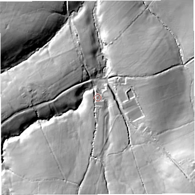 Shaded relief map of the ground around DT20NH, computed from Environment Agency LiDAR. The ground here sits at about 98 m above sea level and falls 38 m across the surrounding 800 m. Surface water reaching this point runs off ground lying to the south-south-east, 20.1 m higher.