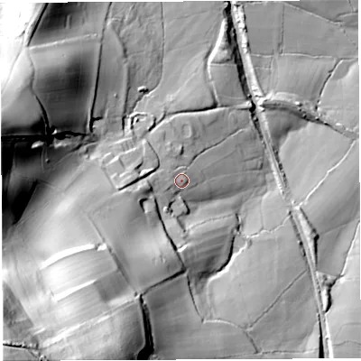 Shaded relief map of the ground around DT20NQ, computed from Environment Agency LiDAR. The ground here sits at about 114 m above sea level and falls 122 m across the surrounding 800 m. Surface water reaching this point runs off ground lying to the south-west, 29.8 m higher.