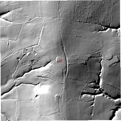Shaded relief map of the ground around DT20QA, computed from Environment Agency LiDAR. The ground here sits at about 127 m above sea level and falls 56 m across the surrounding 800 m. Surface water reaching this point runs off ground lying to the north-east, 2.6 m higher.