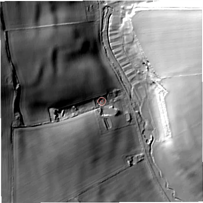 Shaded relief map of the ground around DT27AA, computed from Environment Agency LiDAR. The ground here sits at about 88 m above sea level and falls 67 m across the surrounding 800 m. Surface water reaching this point runs off ground lying to the west-south-west, 56.5 m higher.