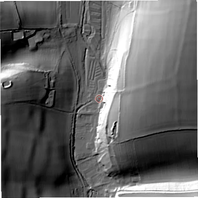 Shaded relief map of the ground around DT27AB, computed from Environment Agency LiDAR. The ground here sits at about 84 m above sea level and falls 55 m across the surrounding 800 m. Surface water reaching this point runs off ground lying to the north-east, 53.4 m higher.