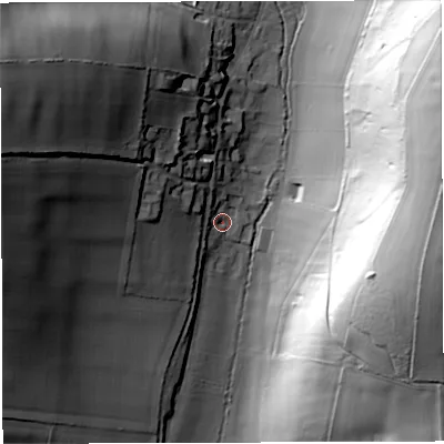 Shaded relief map of the ground around DT27AE, computed from Environment Agency LiDAR. The ground here sits at about 90 m above sea level and falls 76 m across the surrounding 800 m. Surface water reaching this point runs off ground lying to the west-north-west, 43.3 m higher.