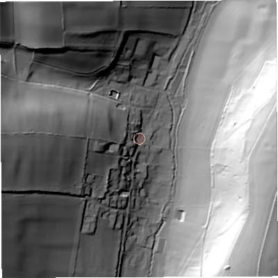Shaded relief map of the ground around DT27AH, computed from Environment Agency LiDAR. The ground here sits at about 94 m above sea level and falls 77 m across the surrounding 800 m. Surface water reaching this point runs off ground lying to the west, 22.0 m higher.