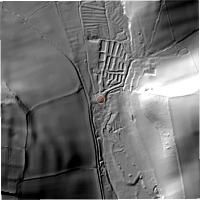 Shaded relief map of the ground around DT27AJ, computed from Environment Agency LiDAR. The ground here sits at about 102 m above sea level and falls 66 m across the surrounding 800 m. Surface water reaching this point runs off ground lying to the west, 2.7 m higher.