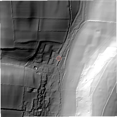 Shaded relief map of the ground around DT27AQ, computed from Environment Agency LiDAR. The ground here sits at about 93 m above sea level and falls 83 m across the surrounding 800 m. Surface water reaching this point runs off ground lying to the north-west, 52.0 m higher.