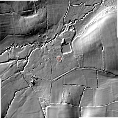 Shaded relief map of the ground around DT27DH, computed from Environment Agency LiDAR. The ground here sits at about 97 m above sea level and falls 17 m across the surrounding 800 m. Surface water reaching this point runs off ground lying to the east-north-east, 5.8 m higher.