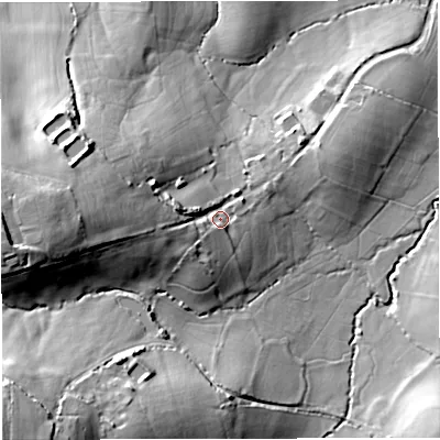 Shaded relief map of the ground around DT27DJ, computed from Environment Agency LiDAR. The ground here sits at about 115 m above sea level and falls 44 m across the surrounding 800 m. Surface water reaching this point runs off ground lying to the west, 19.8 m higher.