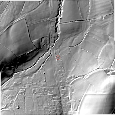 Shaded relief map of the ground around DT27DP, computed from Environment Agency LiDAR. The ground here sits at about 122 m above sea level and falls 50 m across the surrounding 800 m. Surface water reaching this point runs off ground lying to the south-east, 41.9 m higher.