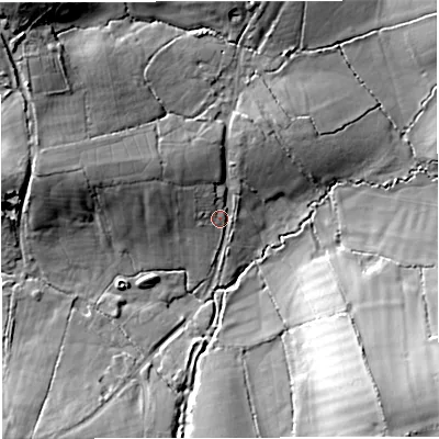 Shaded relief map of the ground around DT27DR, computed from Environment Agency LiDAR. The ground here sits at about 115 m above sea level and falls 33 m across the surrounding 800 m. Surface water reaching this point runs off ground lying to the west-north-west, 11.5 m higher.