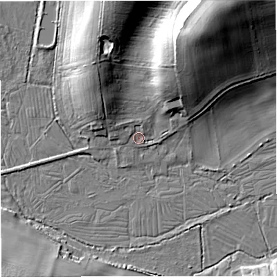 Shaded relief map of the ground around DT27EG, computed from Environment Agency LiDAR. The ground here sits at about 50 m above sea level and falls 27 m across the surrounding 800 m. Surface water reaching this point runs off ground lying to the north-north-west, 2.8 m higher.