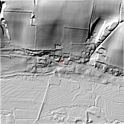 Shaded relief map of the ground around DT27EW, computed from Environment Agency LiDAR. The ground here sits at about 49 m above sea level and falls 55 m across the surrounding 800 m. Surface water reaching this point runs off ground lying to the north-north-west, 46.7 m higher.