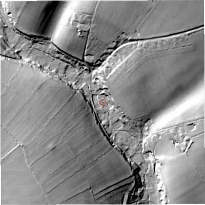Shaded relief map of the ground around DT27FS, computed from Environment Agency LiDAR. The ground here sits at about 100 m above sea level and falls 49 m across the surrounding 800 m. Surface water reaching this point runs off ground lying to the north-east, 43.9 m higher.
