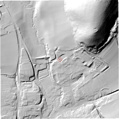 Shaded relief map of the ground around DT27GY, computed from Environment Agency LiDAR. The ground here sits at about 127 m above sea level and falls 104 m across the surrounding 800 m. Surface water reaching this point runs off ground lying to the north-east, 73.0 m higher.