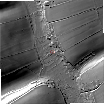 Shaded relief map of the ground around DT27GZ, computed from Environment Agency LiDAR. The ground here sits at about 89 m above sea level and falls 42 m across the surrounding 800 m. Surface water reaching this point runs off ground lying to the north-east, 33.9 m higher.