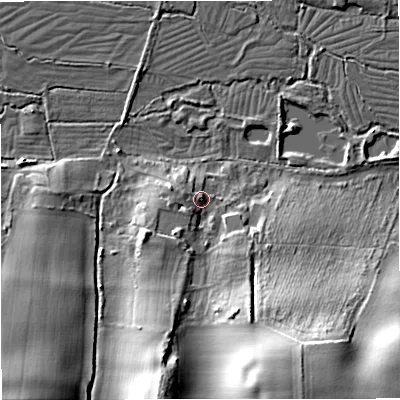 Shaded relief map of the ground around DT27HF, computed from Environment Agency LiDAR. The ground here sits at about 47 m above sea level and falls 22 m across the surrounding 800 m. Surface water reaching this point runs off ground lying to the west, 3.2 m higher.