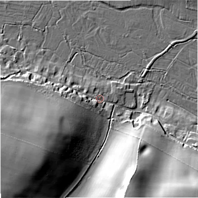 Shaded relief map of the ground around DT27HH, computed from Environment Agency LiDAR. The ground here sits at about 42 m above sea level and falls 29 m across the surrounding 800 m. Surface water reaching this point runs off ground lying to the west-south-west, 19.8 m higher.